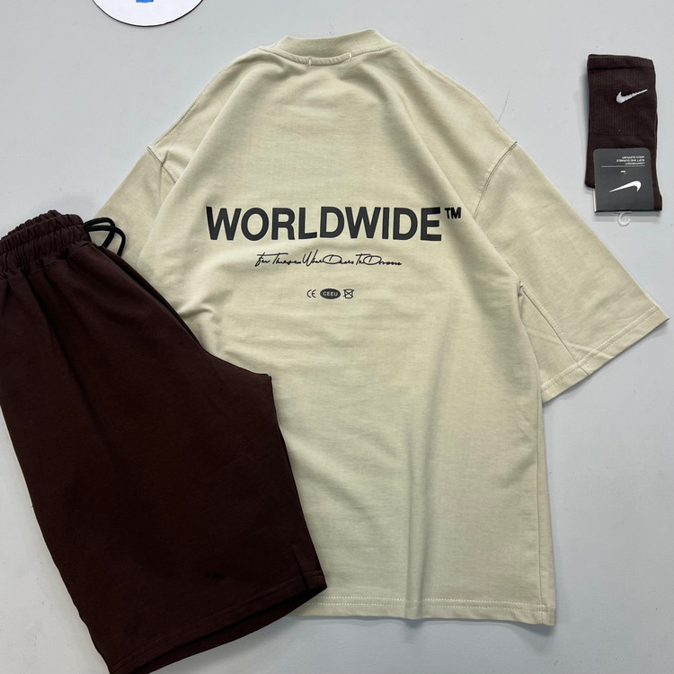 تیشرت پشت نوشته world wide مدل باکسی پارچه دو نخ گرم بالا